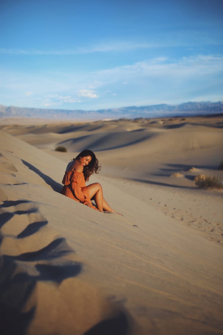 desert, sand dunes, death valley, getaway, orange dress, sunset, Mesquite Sand Dunes